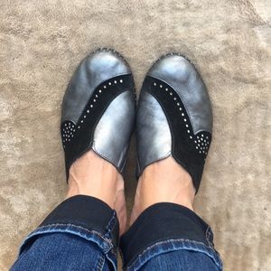 Suede and leather rhinestone studded mules.